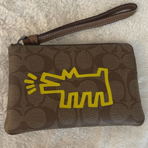 Coach x Keith Haring Monogram Brown Leather-Trimmed Wristlet - Picture 1 of 11